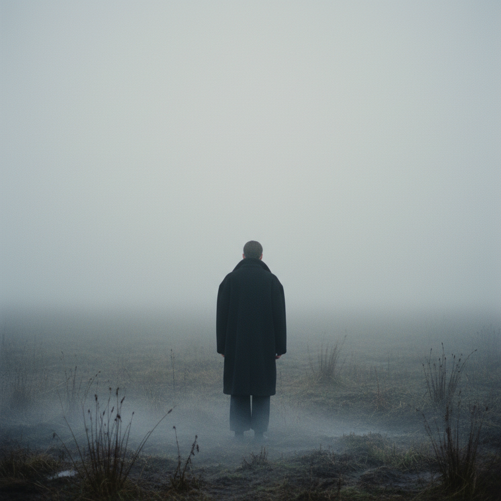 A single figure in a heavy black overcoat walking into dense fog.