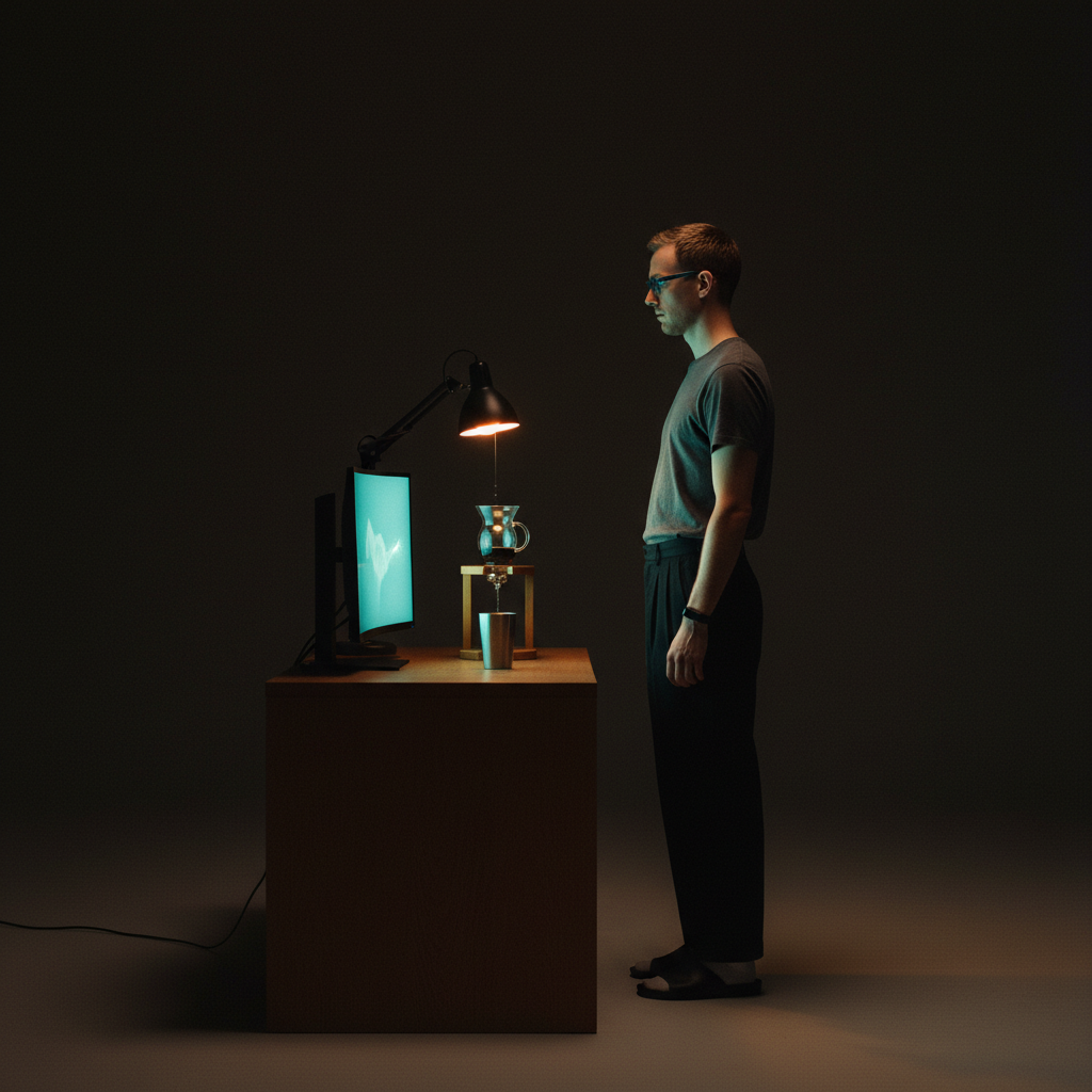 Look 05 — The Altar. A monitor, a drip tower, a monk.