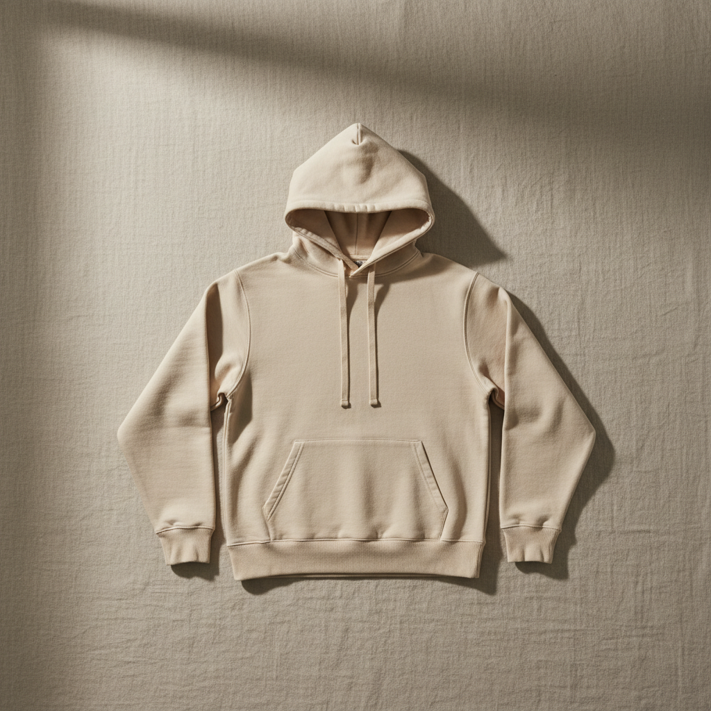 Hoodie — sanded loopback cotton, undyed ecru.