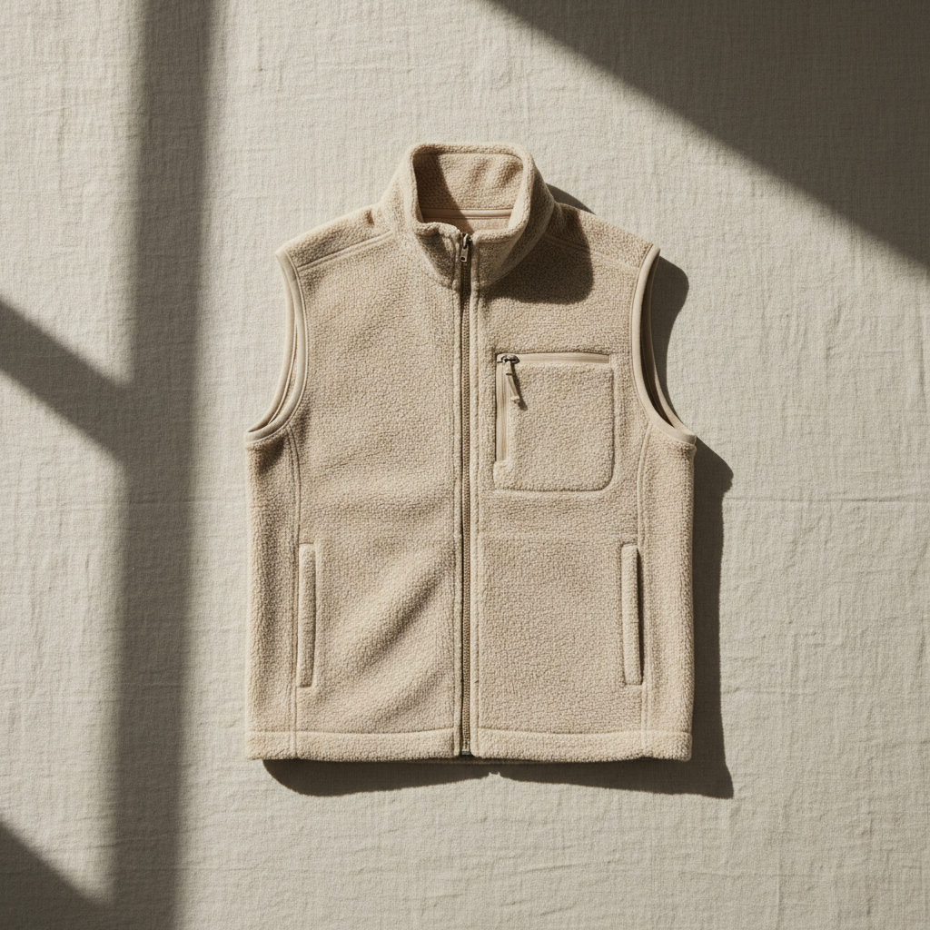 Vest — undyed Biella merino pile, sleeveless, horn buttons.