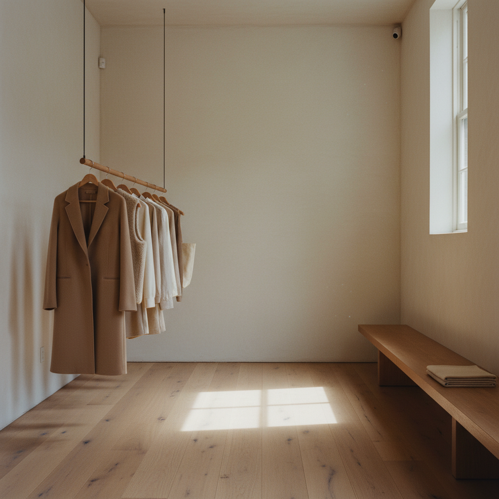 The HAYES showroom, Hayes Valley, San Francisco — a quiet oak-floored room with garments hanging from a suspended rail and a long oak bench along the wall.